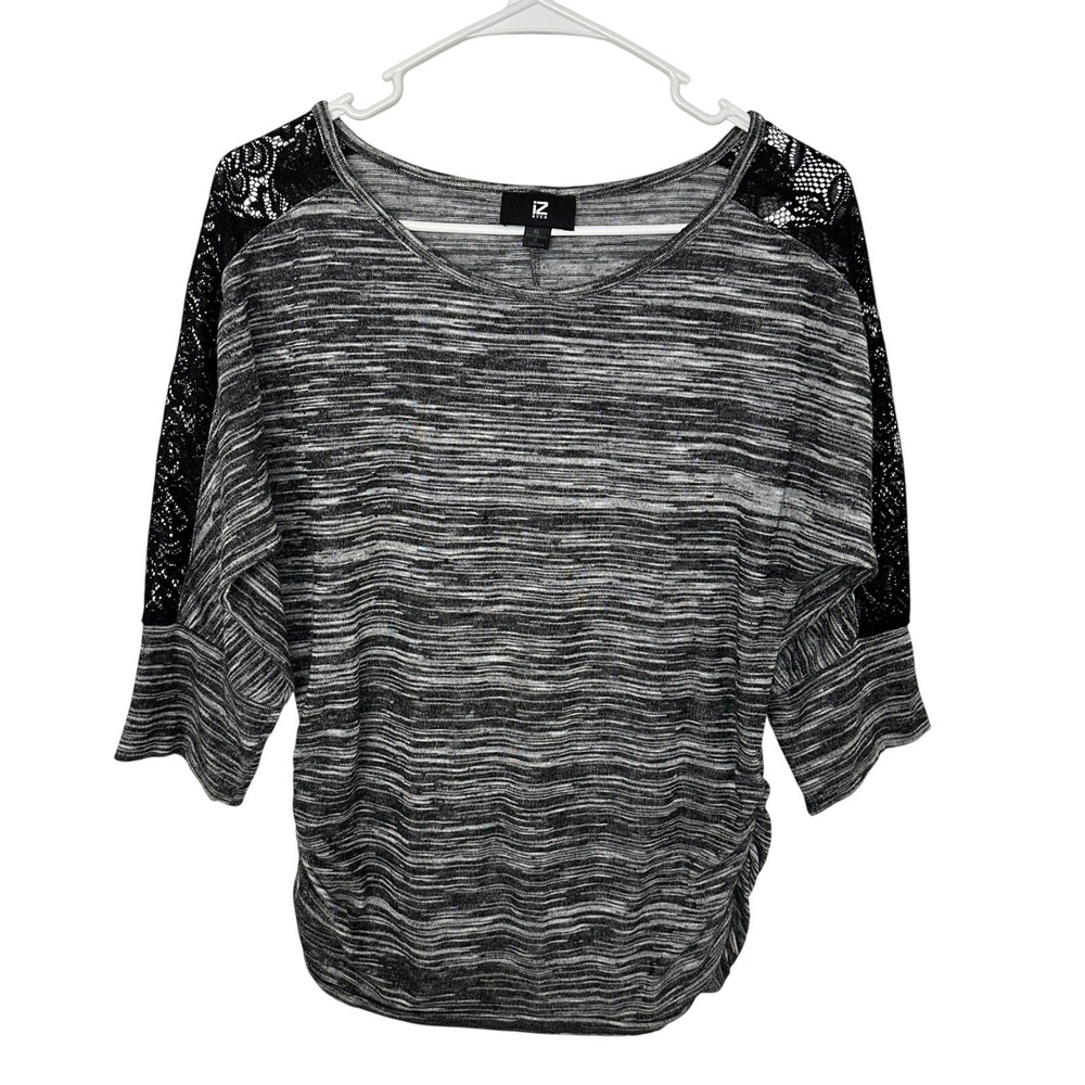 IZ Byer Womens XL Black White Space Dye Lace Shoulder Ruched Dolman Sleeve Top